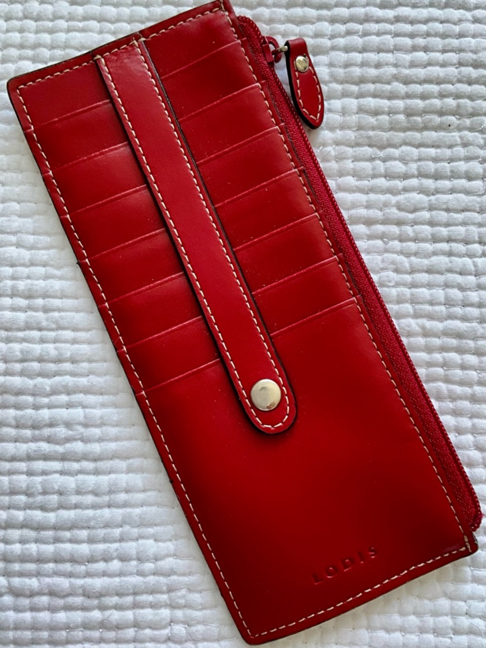 Lodis Red Leather Slim Card Wallet with Zippered Pocket